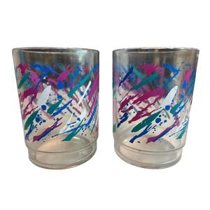 Set of 2 Retro 1990s Zog Color Splash Tumblers Pink Teal Blue White 4.25" Tall